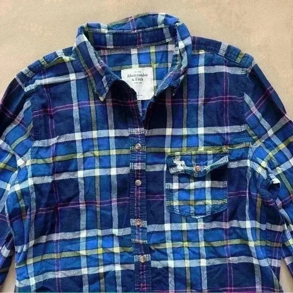 Abercrombie & Fitch New York Flannel Plaid Button Down Shirt Navy Blue Large - Picture 8 of 9